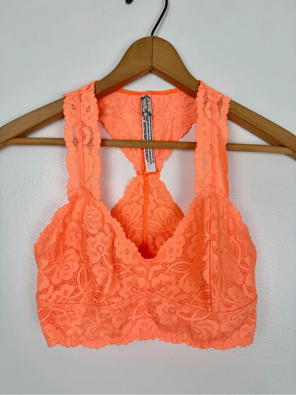 Free People Intimately Galloon Lace Racerback Bralette Neon Orange Coral Lace